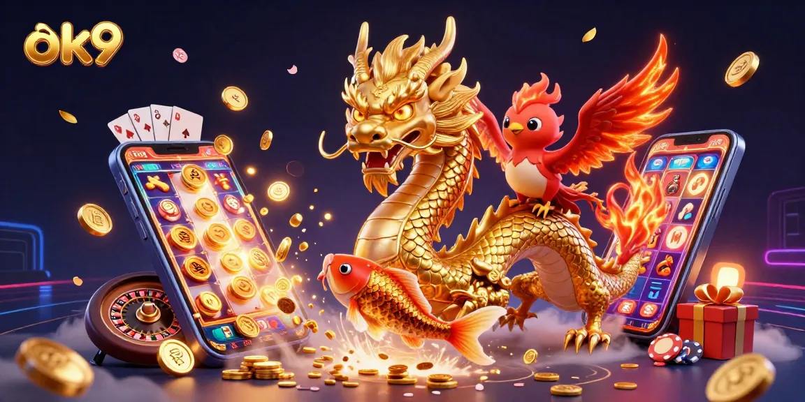Spin the reels with ok9’s vibrant casino experience featuring a golden dragon, phoenix, and koi fish.