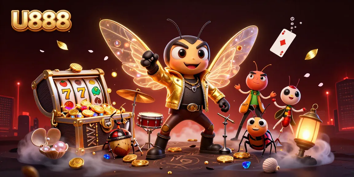 U888 players spin slot reels with a vibrant 3D rock star and drummer in a colorful casino scene.