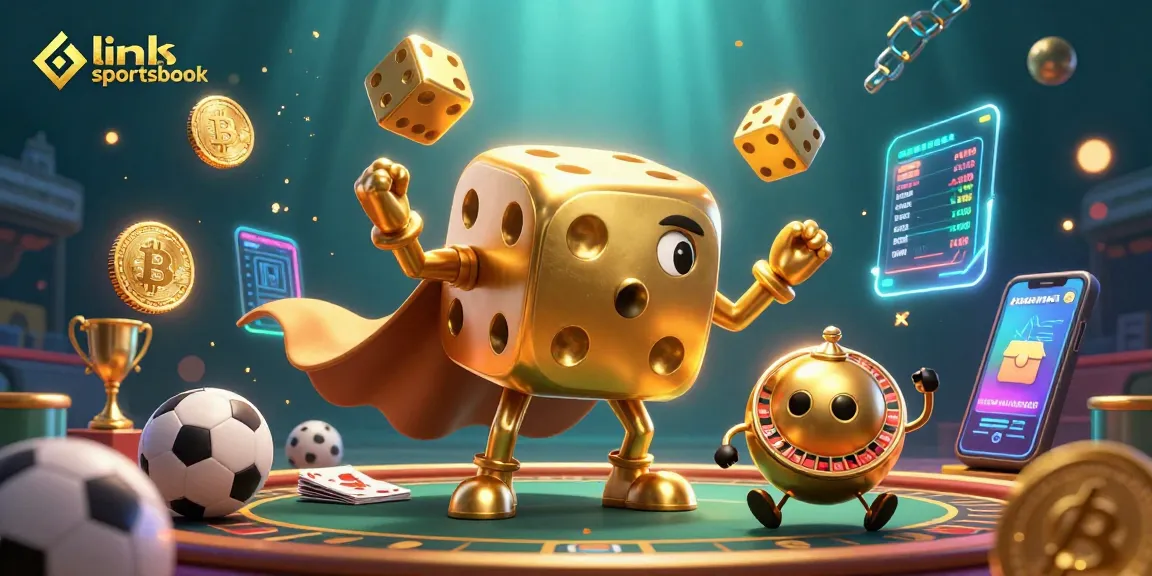 Engage with link situs sportsbook in a vibrant 3D sports betting scene featuring golden dice and crypto elements.