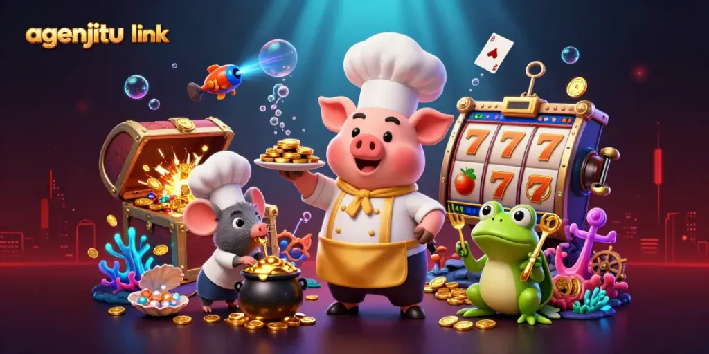 Ilustrasi 3D menarik agenjitu link dengan chef babi, tikus sous chef, dan kodok kritikus, dikelilingi elemen perjudian.