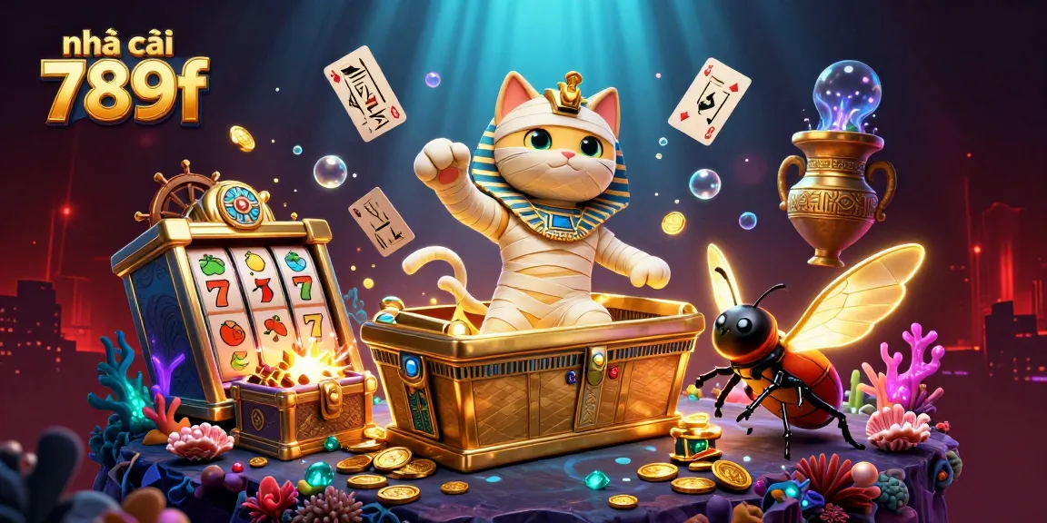 Experience the thrills of gaming at nhà cái 789f with a vibrant 3D scene featuring a cartoon mummy cat and scarab beetle surrounded by casino elements.