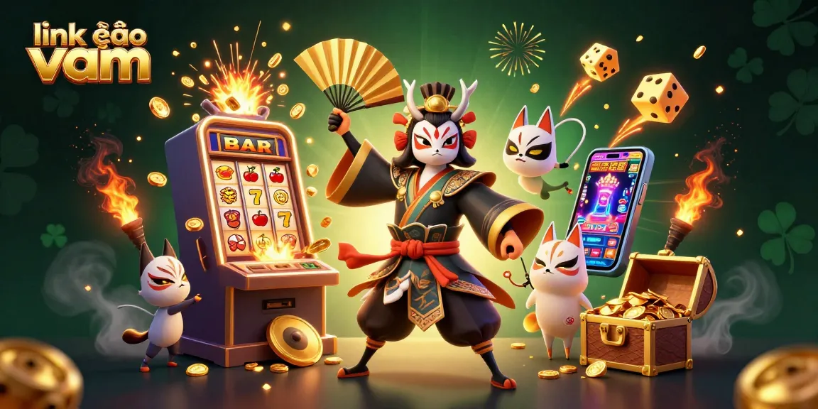 Engage with the vibrant link vào vmax casino scene, featuring a kabuki warrior and a slot machine overflowing with coins.