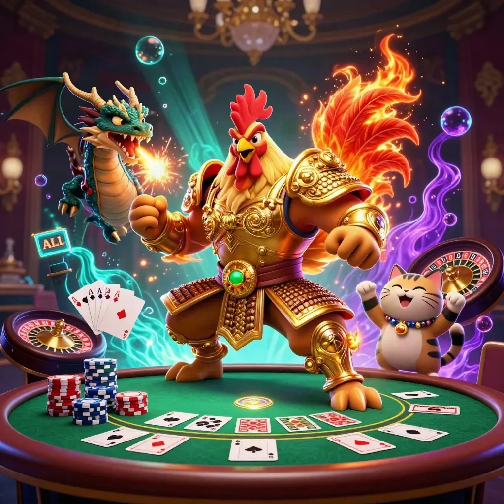 Rooster samurai, dragon hatchling, and fortune-cat amid glowing casino props and neon light.