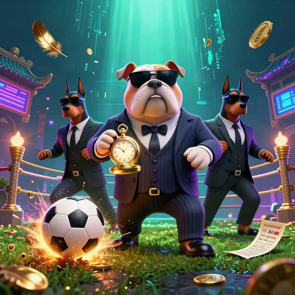 Low-angle neon casino art: bulldog boss and Dobermans amid a frozen soccer blast, coins, and electric glow.