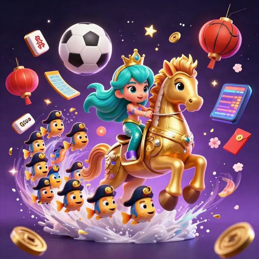 Mermaid princess rides a gold-armored seahorse amid casino game pieces, fireworks, and neon magic.