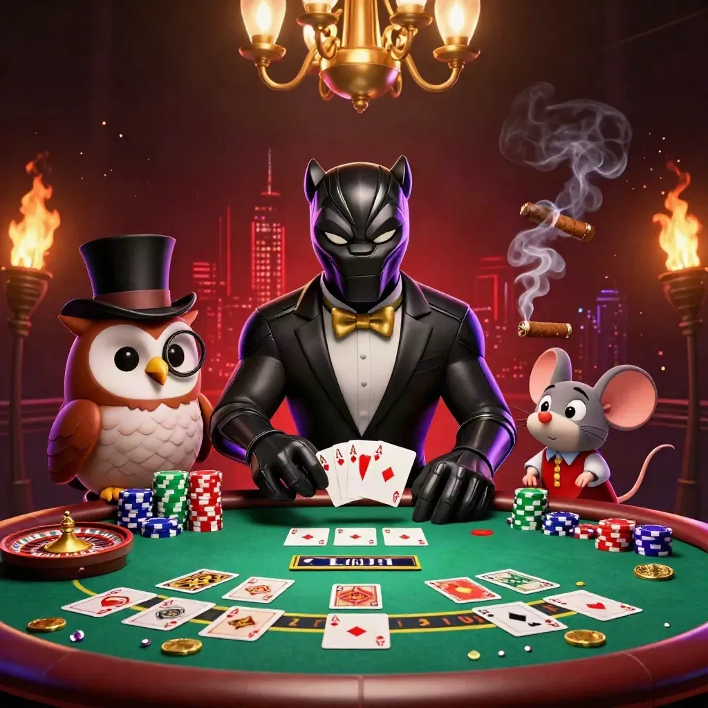 Black panther dealer, owl and mouse in a luxe neon casino with chips, cards and gold glow.