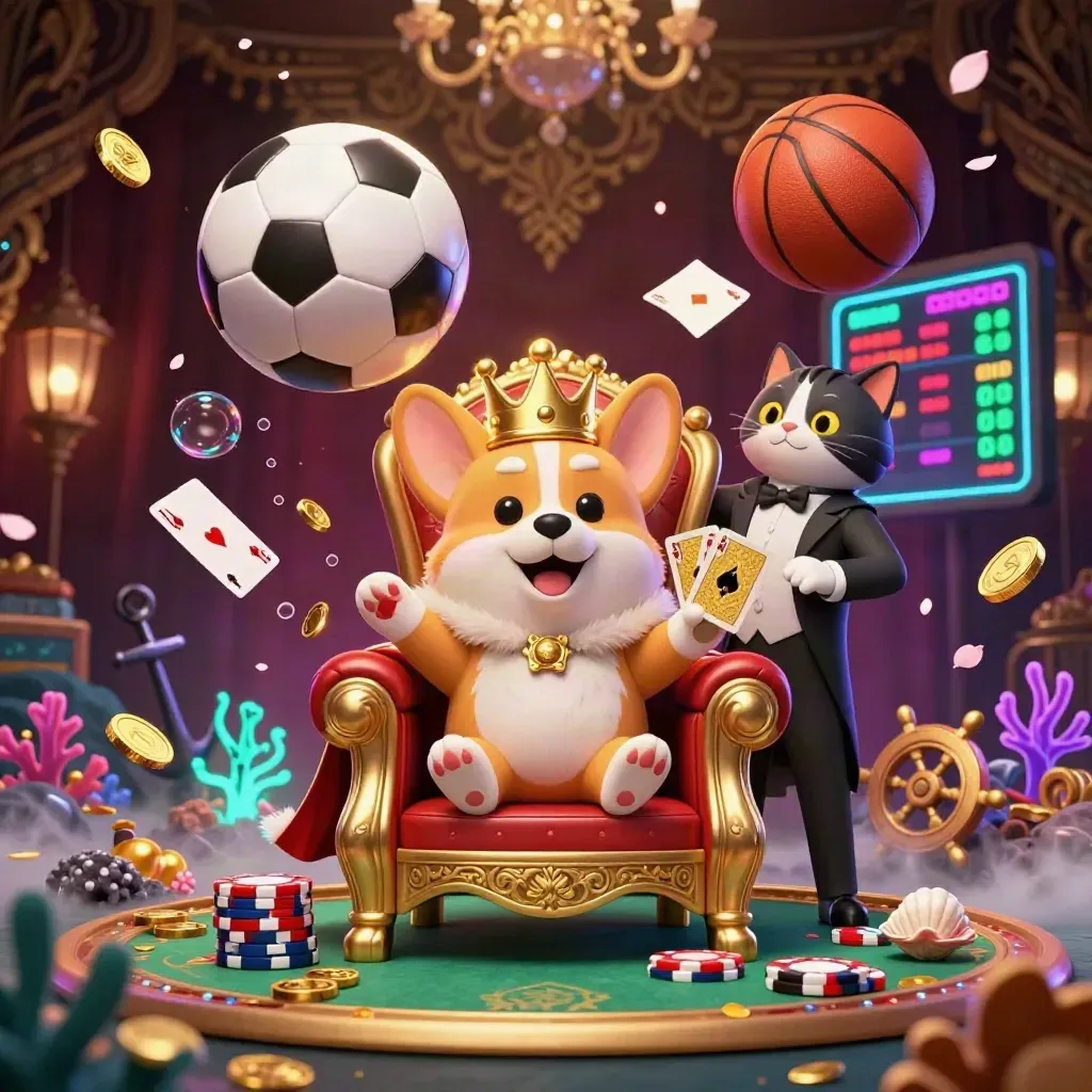 Crowned corgi and cat butler amid casino treasure, sports balls, coins, coral, and glowing gold light