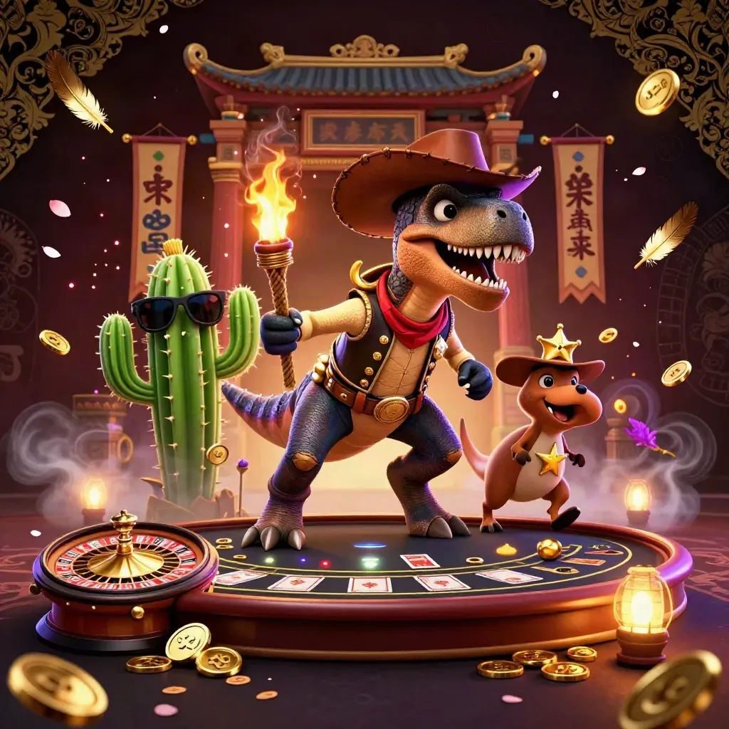Cowboy T-Rex, cactus and roadrunner in a luxe neon casino scene with temple gate and roulette wheel.