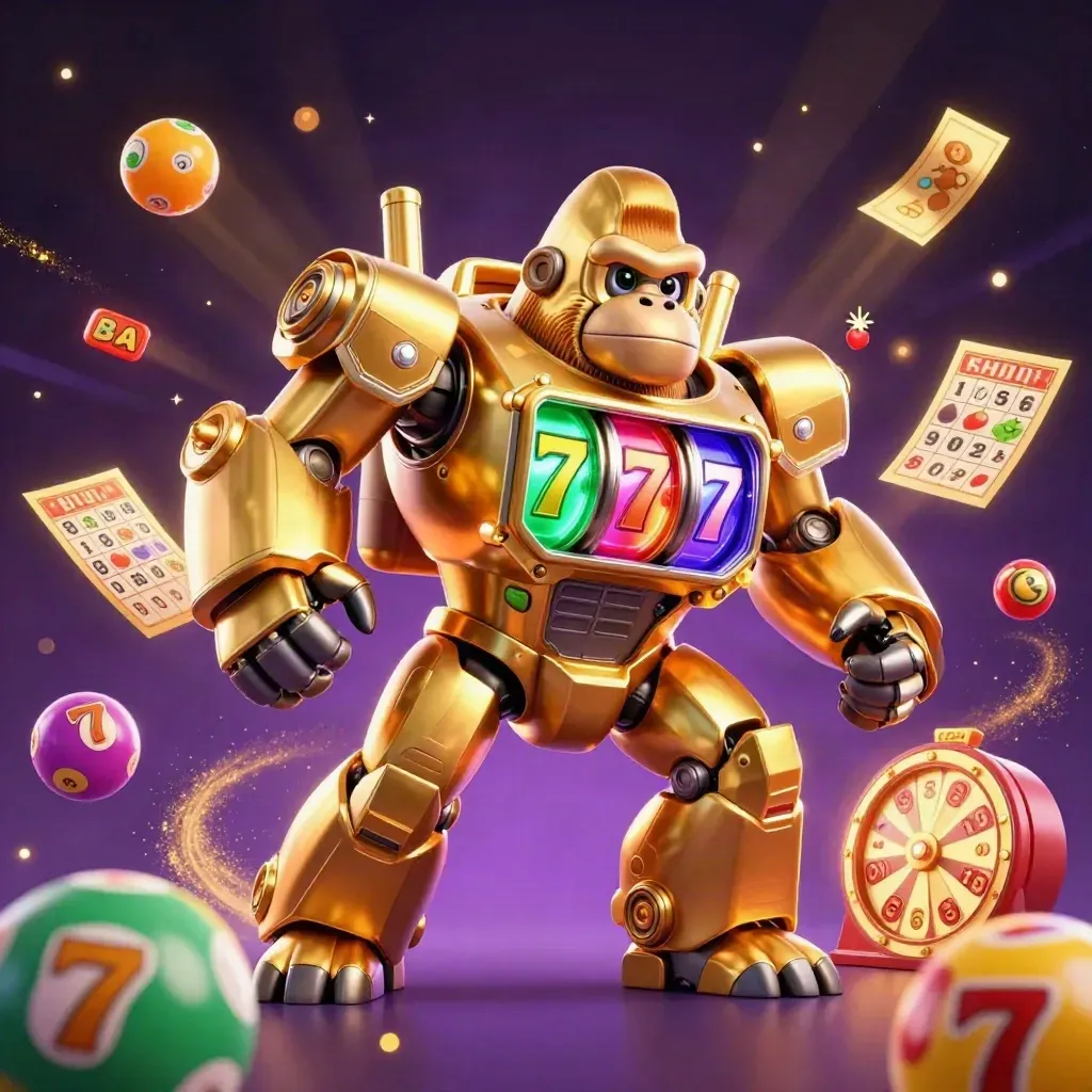 Golden gorilla mech with tiny pilot, jackpot bursts, purple casino glow