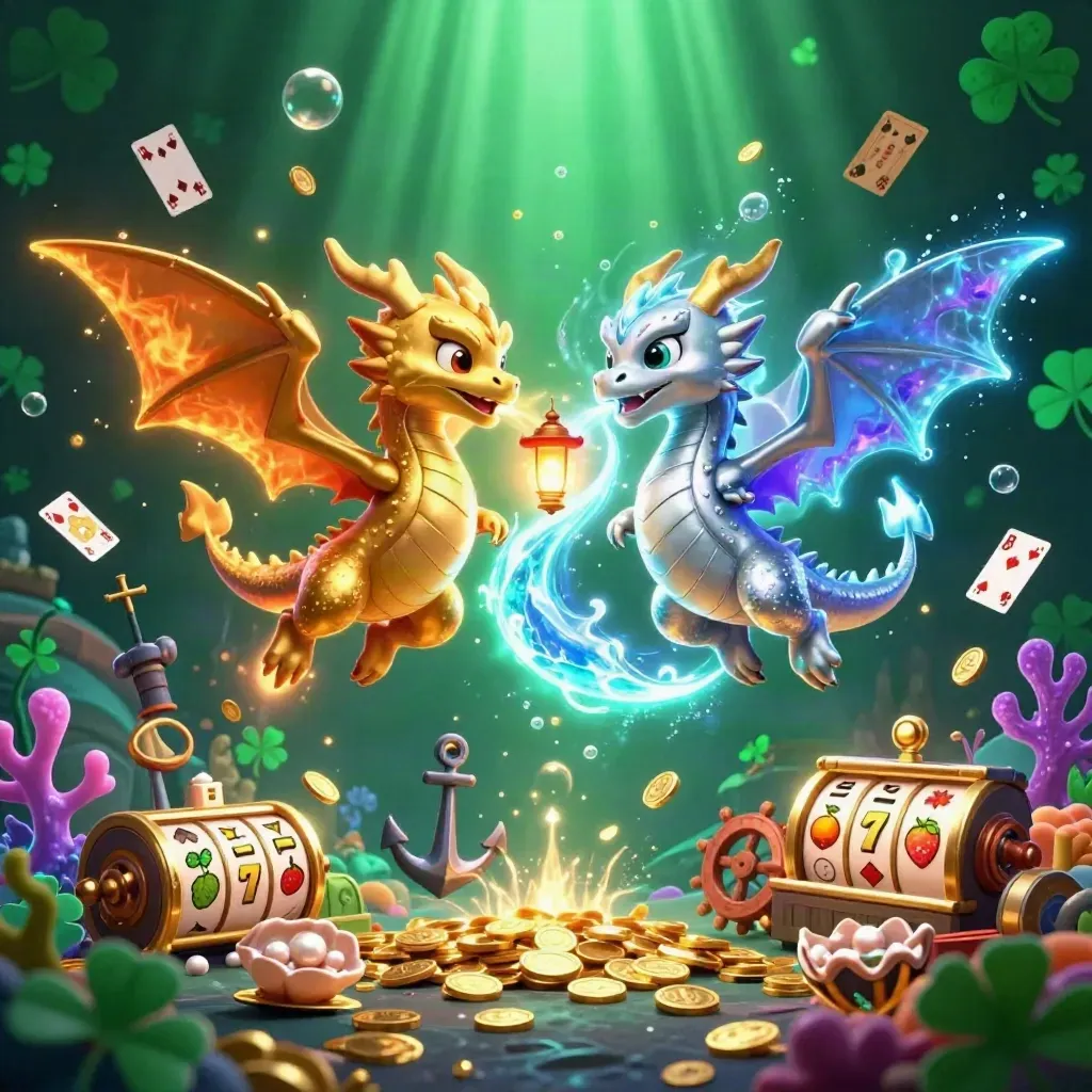 Two gold and silver dragons spiral above treasure, bubbles, coral, cards, and glowing casino icons.
