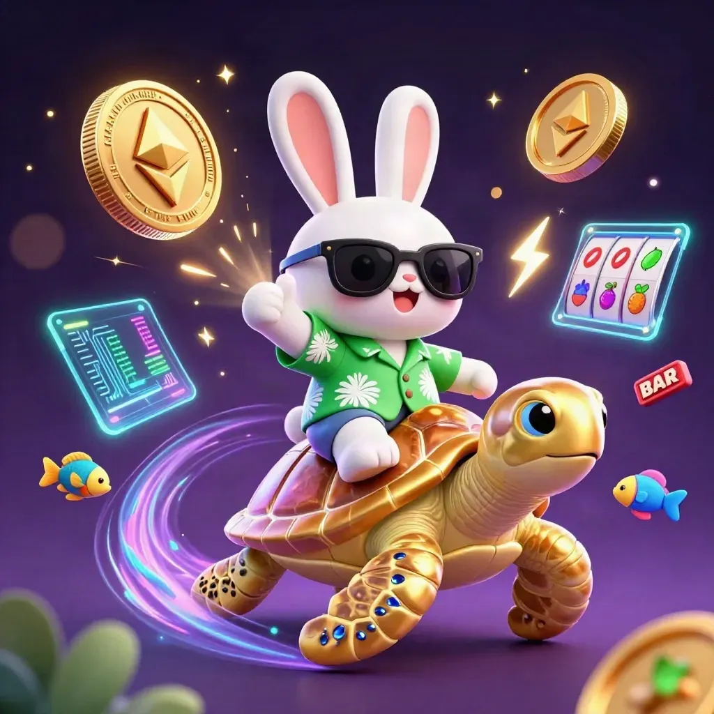 Cartoon lucky rabbit on a golden sea turtle amid neon coins, fish, and casino sparks