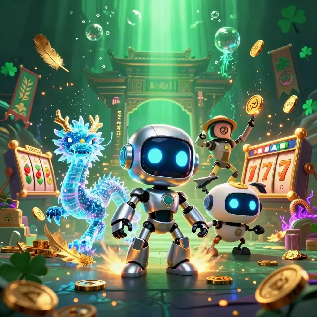 Robot, hologram dragon, and coin drone burst through neon casino treasure chaos.