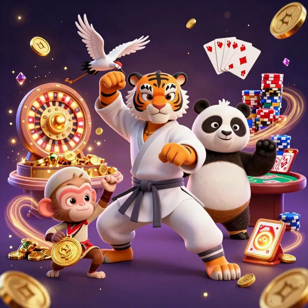 Tiger master, panda disciple, and monkey thief in a casino coin explosion with roulette and cards.