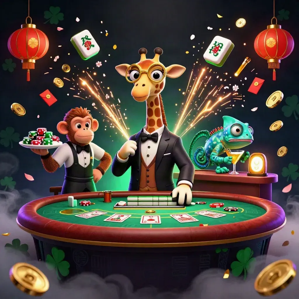 Giraffe high-roller, monkey valet, and chameleon bartender amid casino rewards and fireworks.