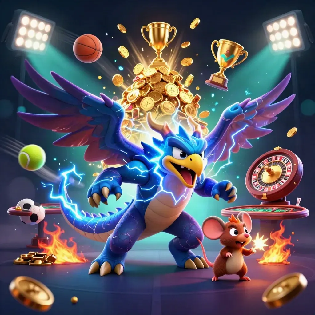 Thunder dragon, wind hawk and static mouse amid coins, roulette wheel, trophy and casino lights.