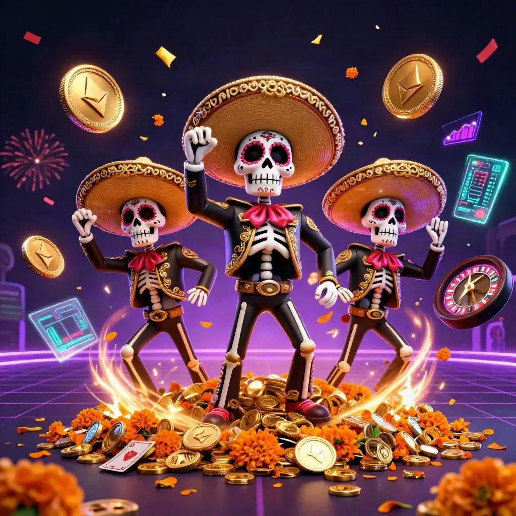 Day-of-the-Dead skeleton mariachi trio amid neon casino coins, roulette, cards, and fireworks