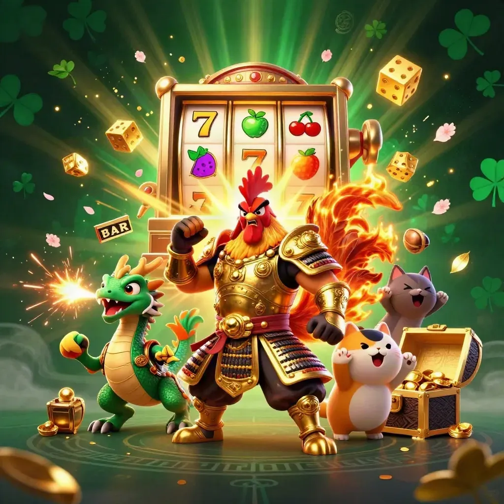 Rooster warrior, dragon hatchling and fortune cat amid a bursting jackpot slot machine.