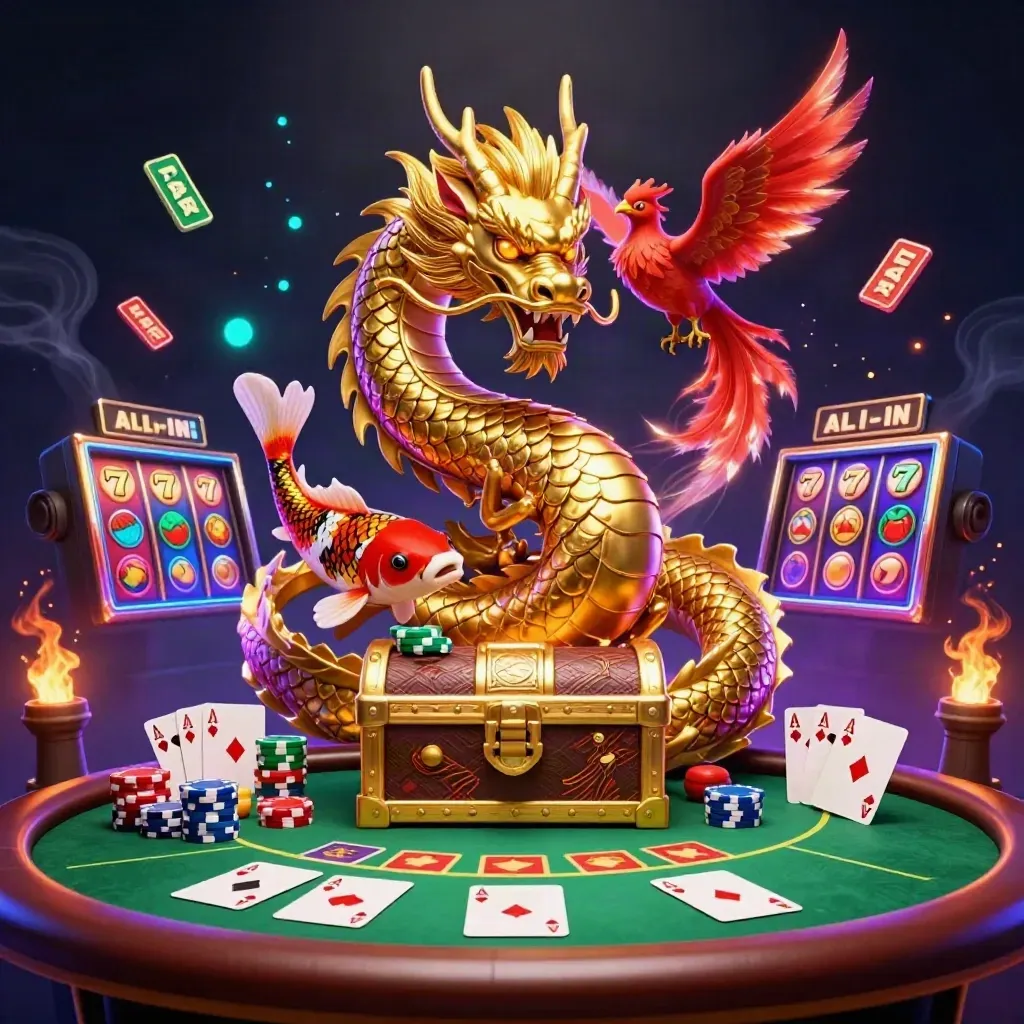 Golden dragon with phoenix and koi amid casino chips, cards, reels and neon sparks on dark blue.