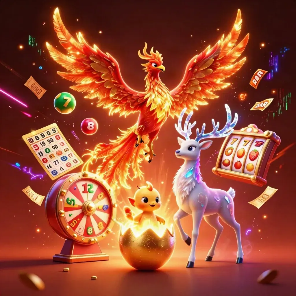 Fire phoenix, baby phoenix, and crystal-antler stag amid casino reels, balls, wheel, tickets, and neon glow.