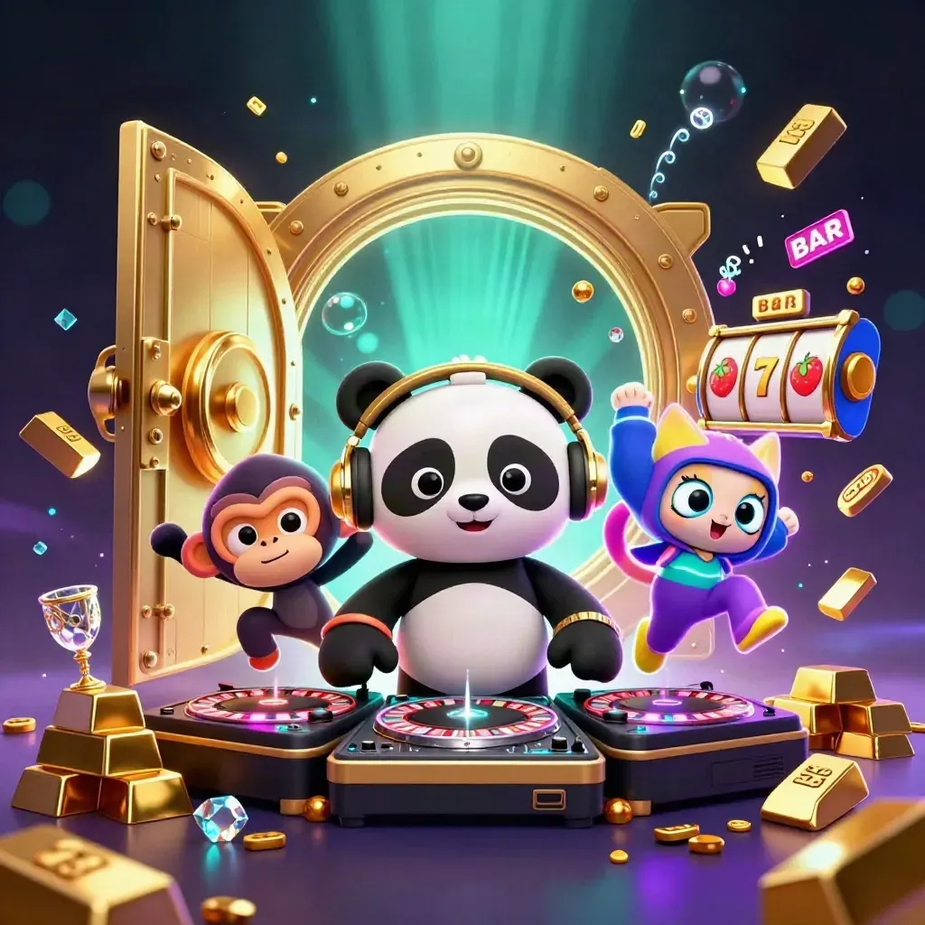 DJ panda, breakdancing monkey and rave kitten amid vault gold, slots, gems and neon casino glow.