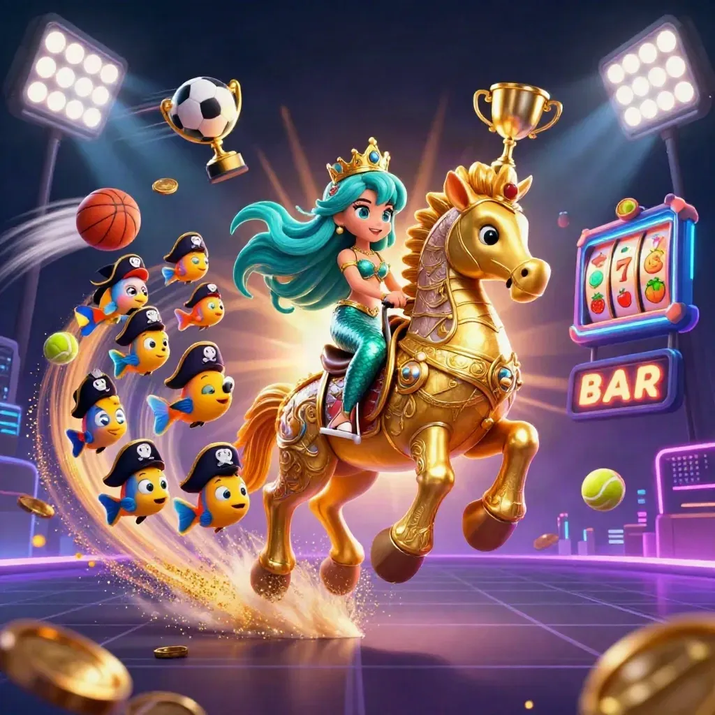 Mermaid princess rides a gold-armored seahorse amid casino symbols and neon lights.