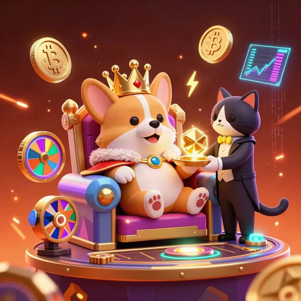Royal corgi and cat butler amid casino chips, coins, neon lightning, roulette and cards.