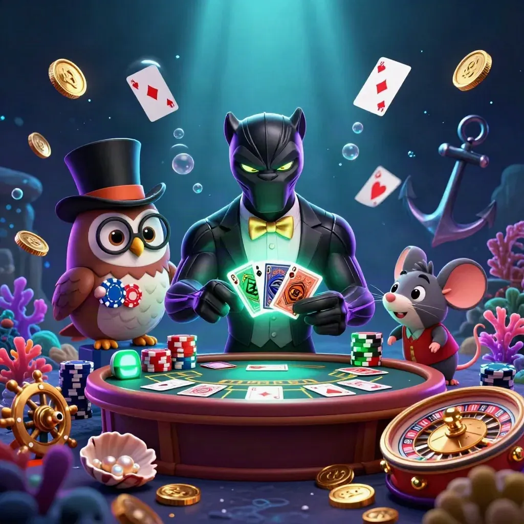 Panther, owl, and mouse casino heroes amid treasure, cards, coins, and neon underwater glow.