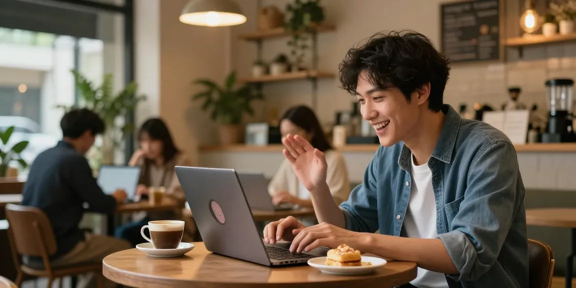Young man chatting with his AI girlfriend in a cozy cafe, showcasing digital companionship.