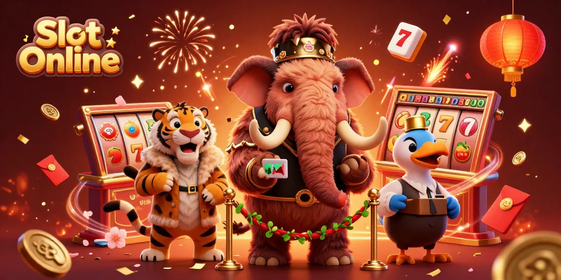 Spin slot reels with the vibrant 3D illustration showcasing a woolly mammoth bouncer and VIPs in a fun casino atmosphere.