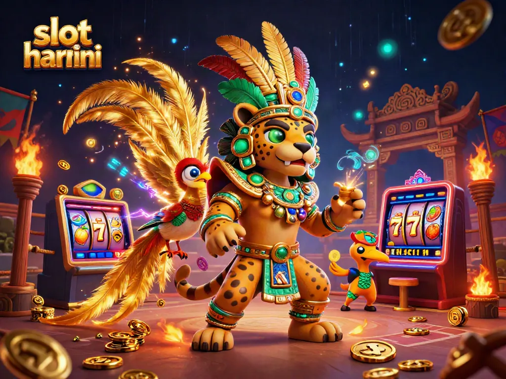 Permainan slot hari ini dalam kasino, menampilkan jaguar dan burung quetzal dengan elemen menarik.