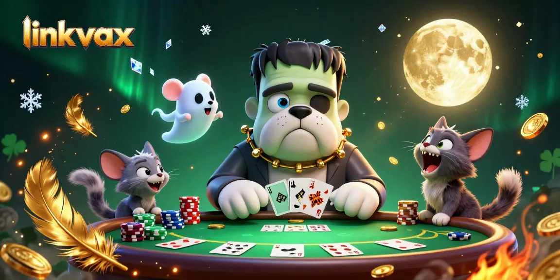 Interact with thrilling games at link vmax, featuring a cartoon bulldog dealer in an exciting casino scene.