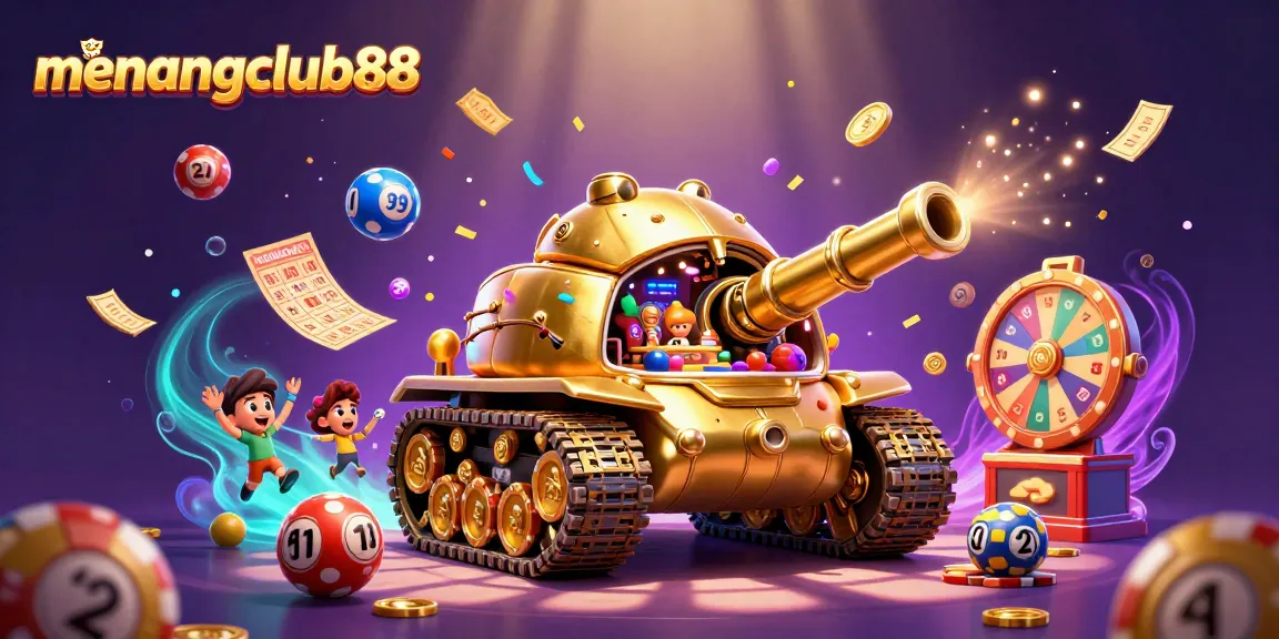 Experience the excitement of menangclub88 with a vibrant 3D casino scene featuring a golden beetle tank and lottery elements.