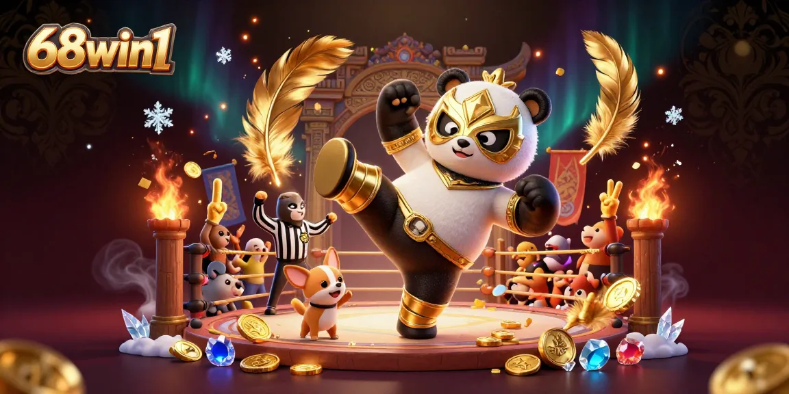Engage in thrilling games at 68win1 with a dynamic illustration of a panda wrestler showcasing vibrant gambling action.