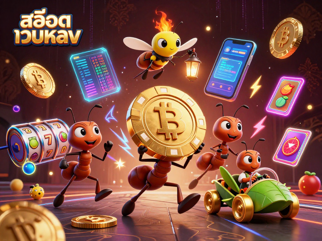 Engage in thrilling gaming with สล็อตเว็บตรง, featuring a vibrant 3D heist scene with playful ants and crypto elements.