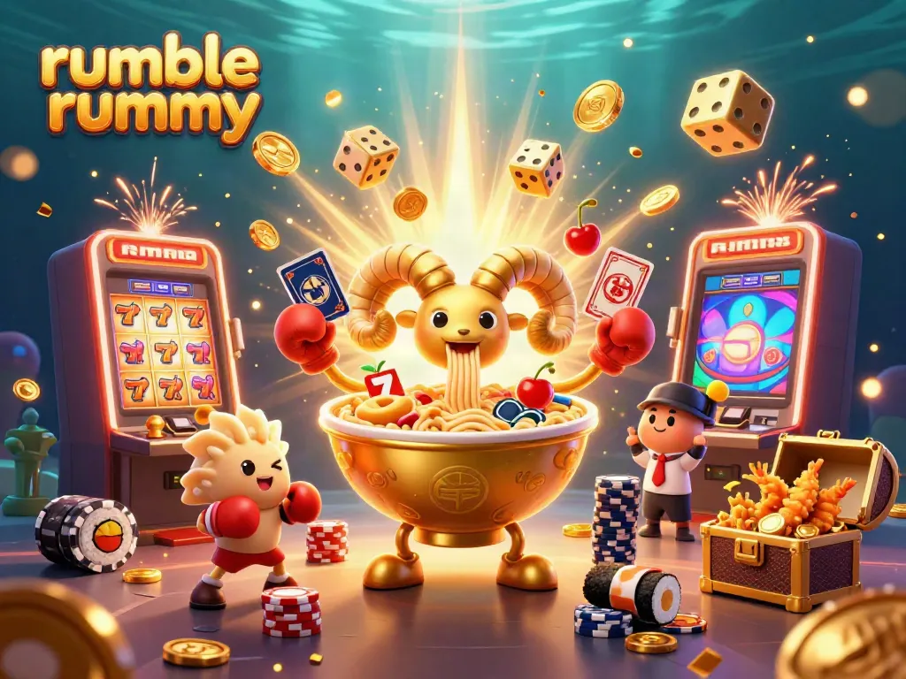 Rumble rummy: Exciting 3D cartoon scene of characters dealing cards and winning in a vibrant casino atmosphere.