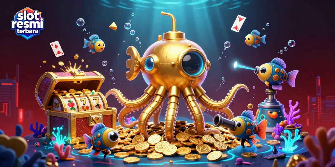 Menggambarkan slot resmi terbaru, simbol slot dan koin emas mewarnai lautan bawah laut yang dinamis.