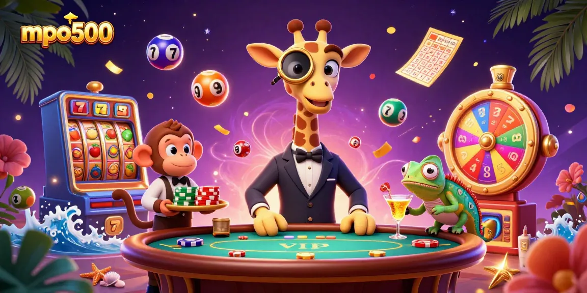 Experience excitement at mpo500 with a vibrant 3D casino scene featuring a high-roller giraffe and colorful game elements.