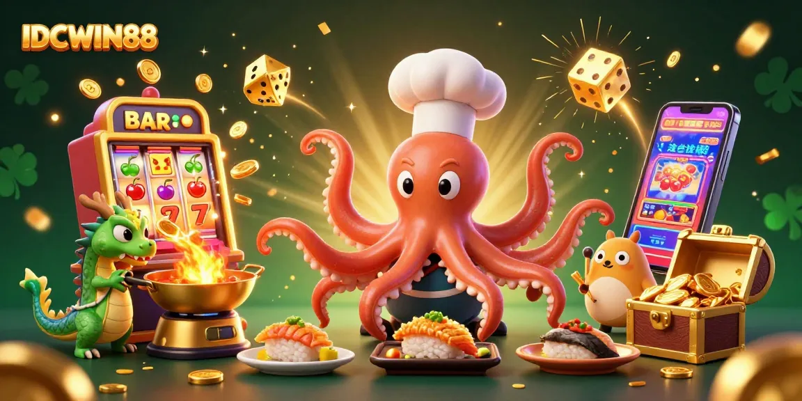 Experience the thrilling slots with IDCWIN88, featuring an octopus chef and dragon in 3D illustration.