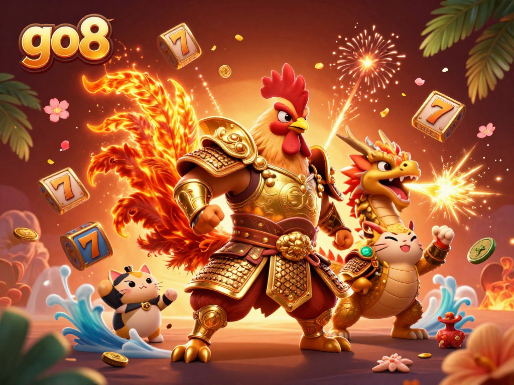 Spin to win at go8 with powerful warriors and festive casino elements in a vibrant scene.