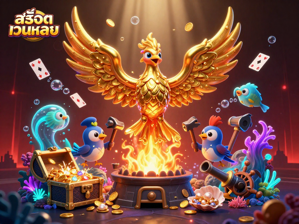 Experience the thrill of สล็อตเว็บตรง with a golden phoenix and treasure-filled underwater scene.