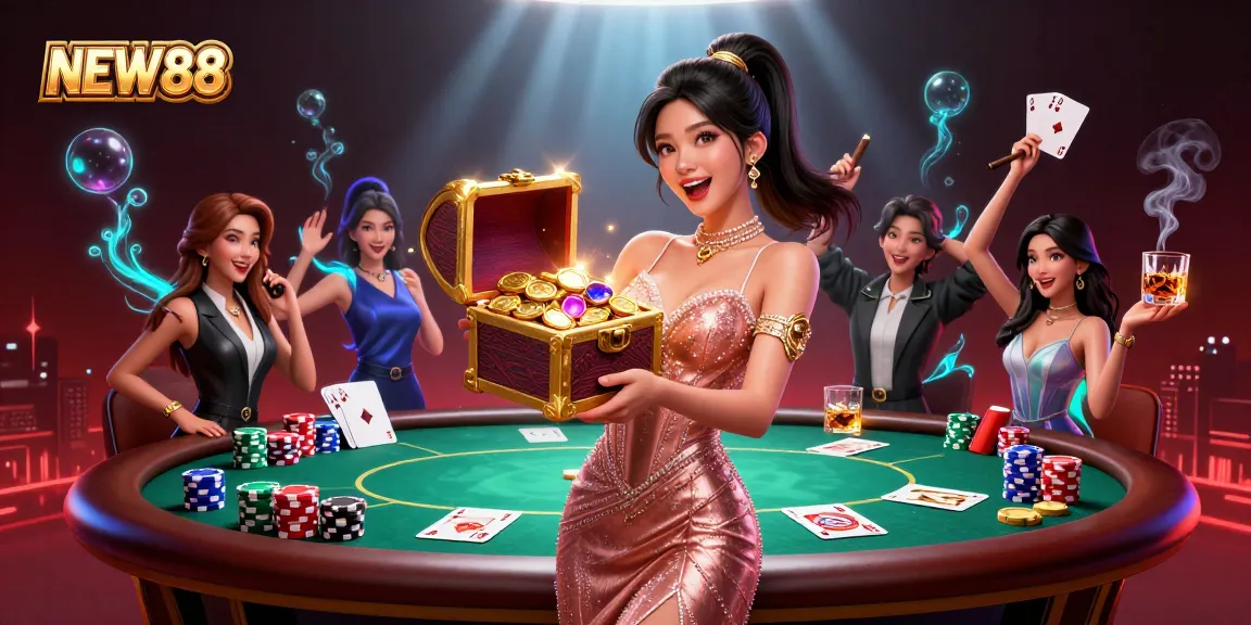 Experience the excitement of NEW88 with a vibrant illustration showcasing a joyful character surrounded by casino treasures.