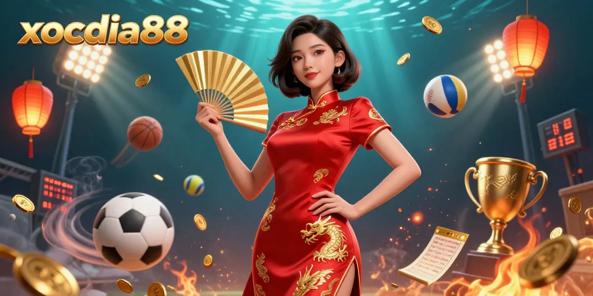 Xocdia88 showcases dynamic sports themes with a vibrant Asian woman amidst floating lanterns and coins.