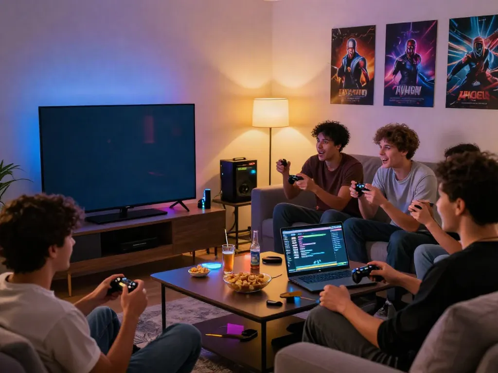 Friends playing online slots together in a cozy room, showcasing akunjp gaming excitement.