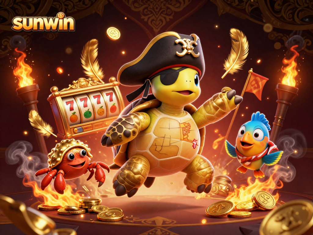 Spin and win with sunwin's dynamic 3D casino illustration featuring pirate characters and gold coins.
