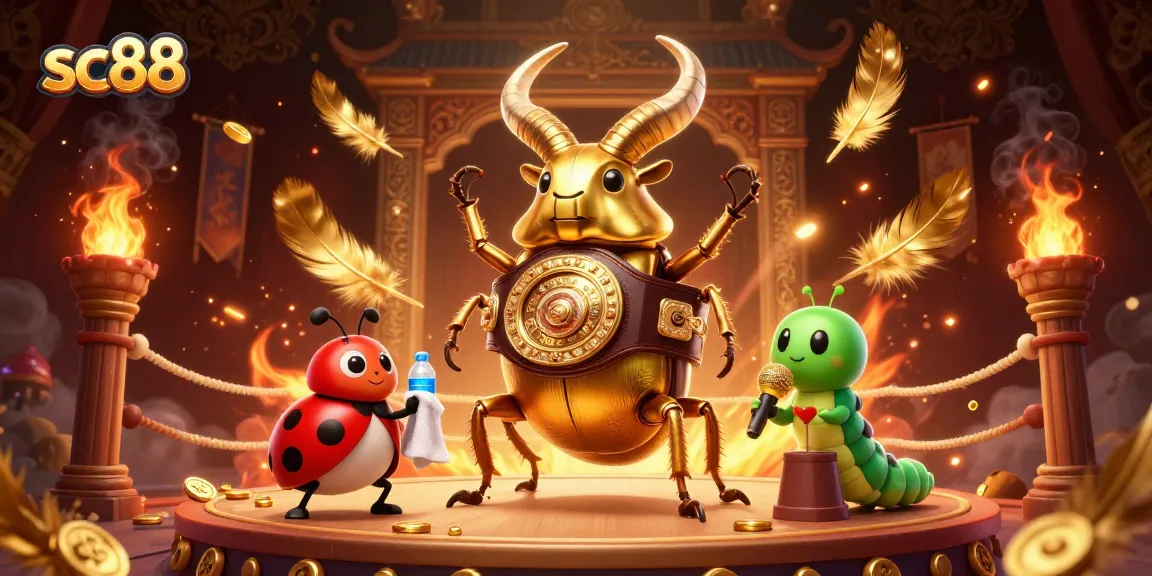 Engaging sc88 casino scene featuring a golden stag beetle boxer and ladybug corner-man amidst swirling gold coins and ember particles.