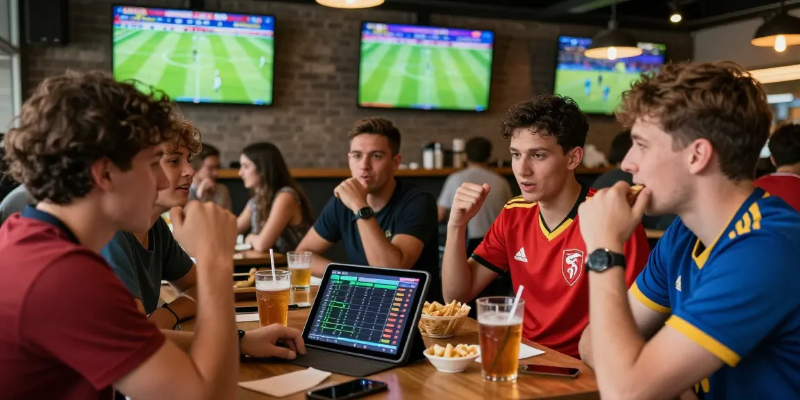 Fans analyzing kèo nhà cái in a lively cafe during football matches.