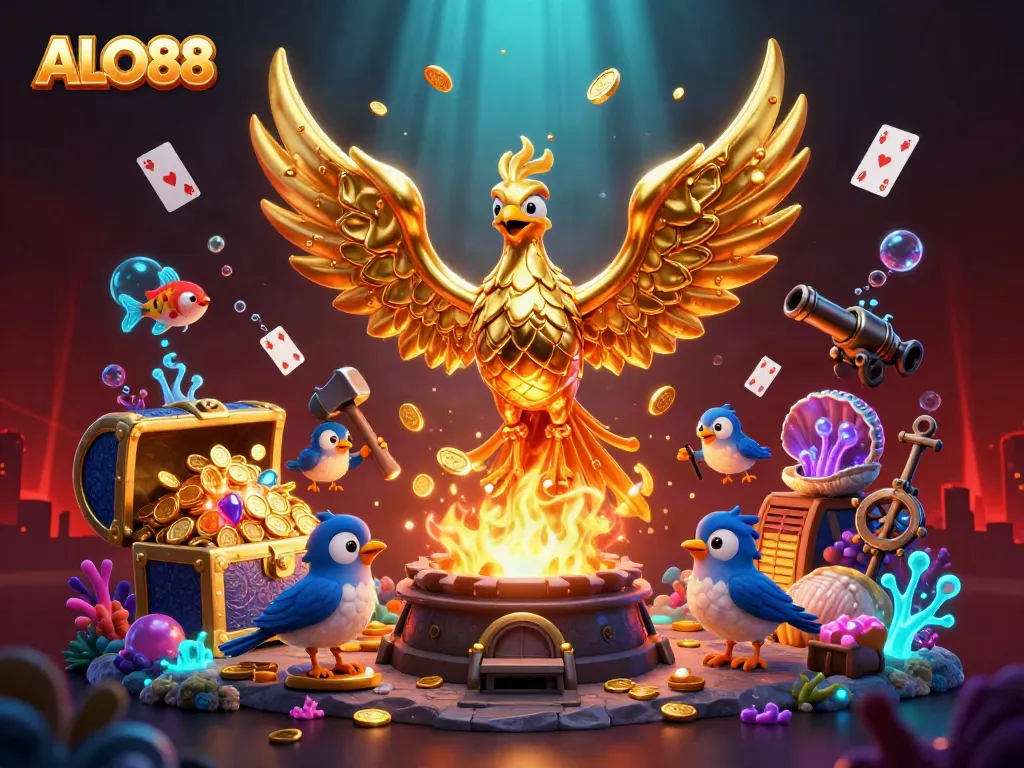 Engage with ALO88 by immersing in a vibrant 3D casino scene featuring a golden phoenix and treasure elements.