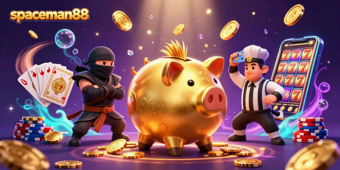 Engage in thrilling gameplay with spaceman88 as the golden piggy bank wrestler shakes loose coins in a dynamic casino scene.