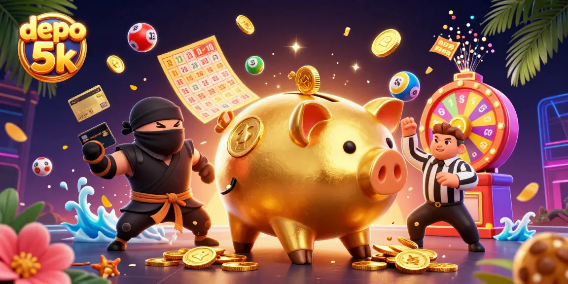 Mengembangkan peluang menang di depo 5k dengan karakter menang yang dikelilingi simbol beruntung dan efek gambar yang menarik.