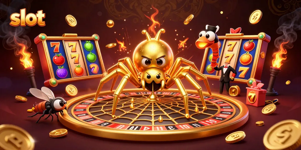 Spin slots with golden spider croupier and vibrant reels for exciting bets.